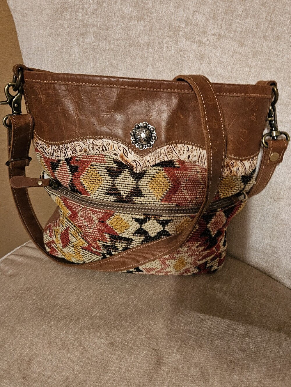 Myra Bohemian Woven Crossbody Bag with Tan Leather Trim
